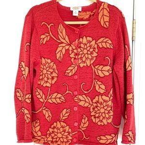 Vintage Talbots Cardigan with Floral Design in Red/Orange and Orange